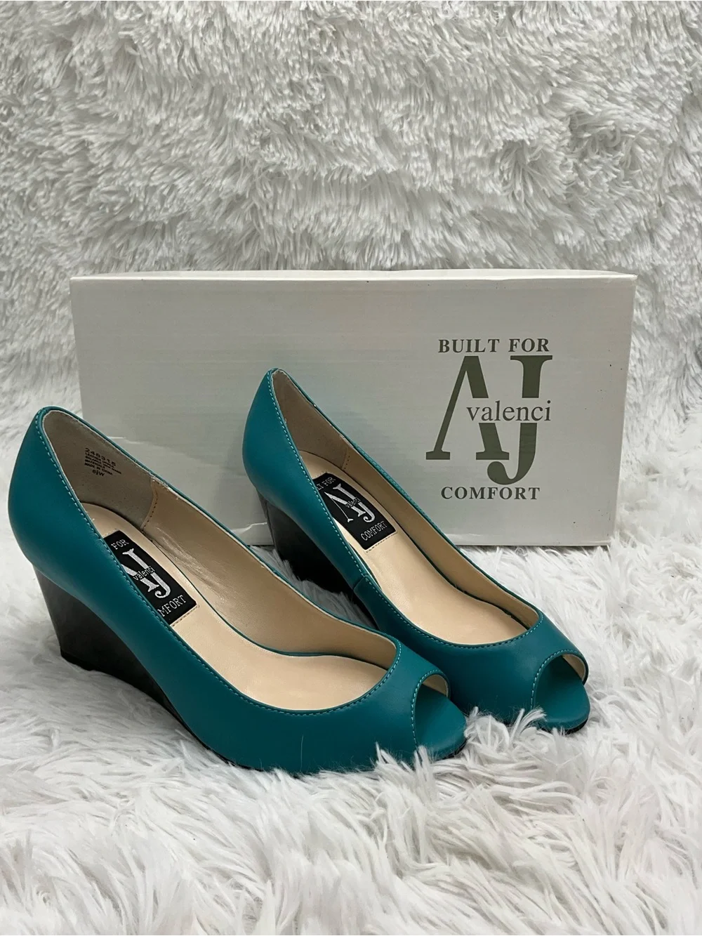 AJ Valenci Wedge Pumps Size 6.5 W Teal Peep-Toe Wedge Heels NEW IN BOX